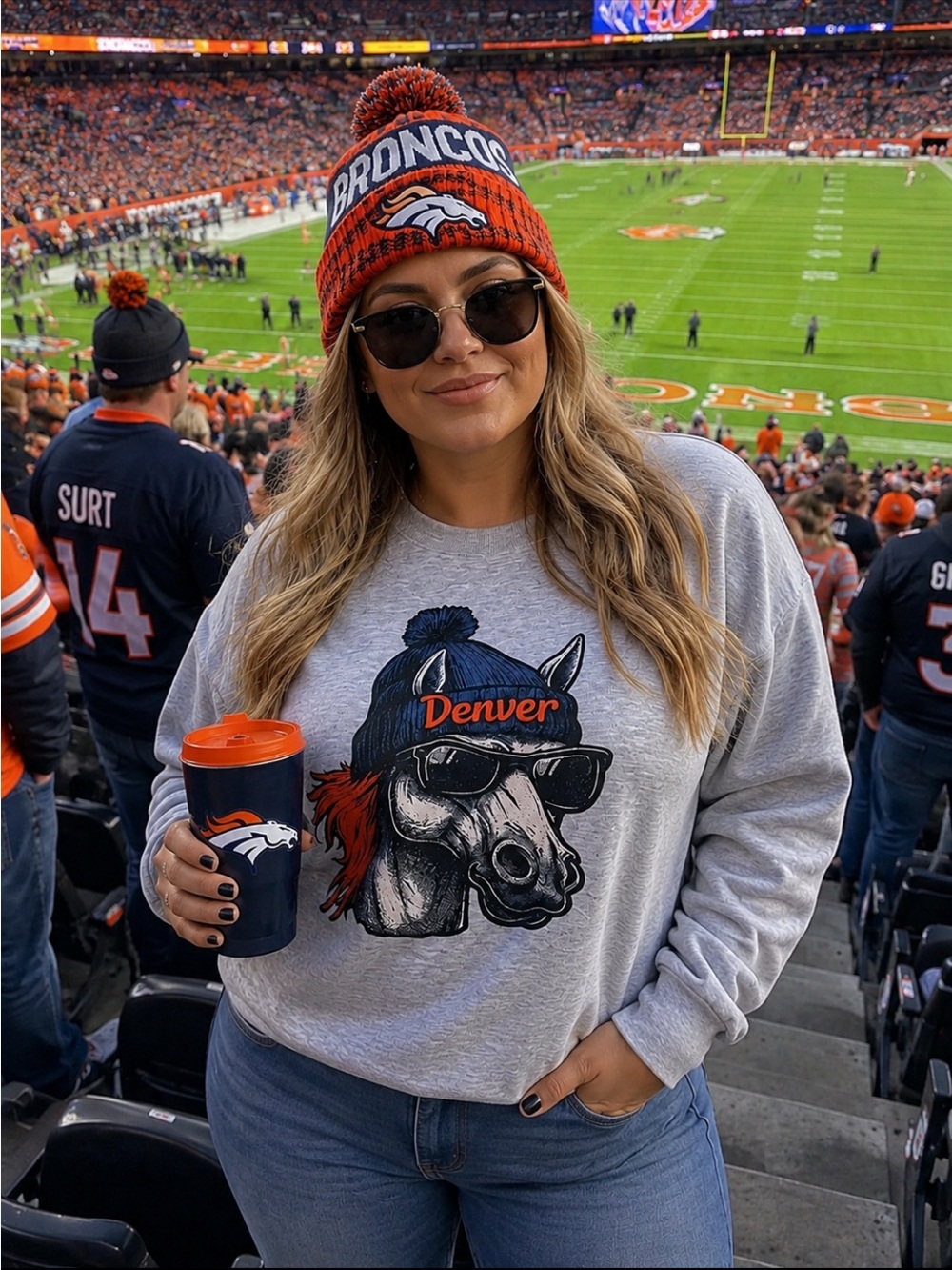 Denver Broncos Bronco wearing a Beanie Gray Sweatshirt